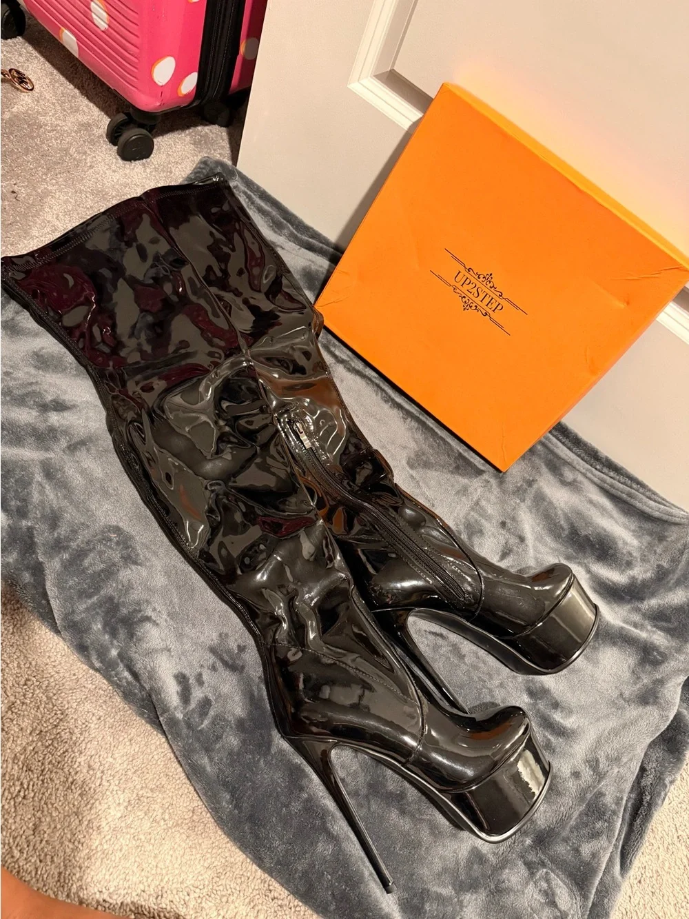 Thigh-high Patent Leather Platform Boots - UP2STEP Logo